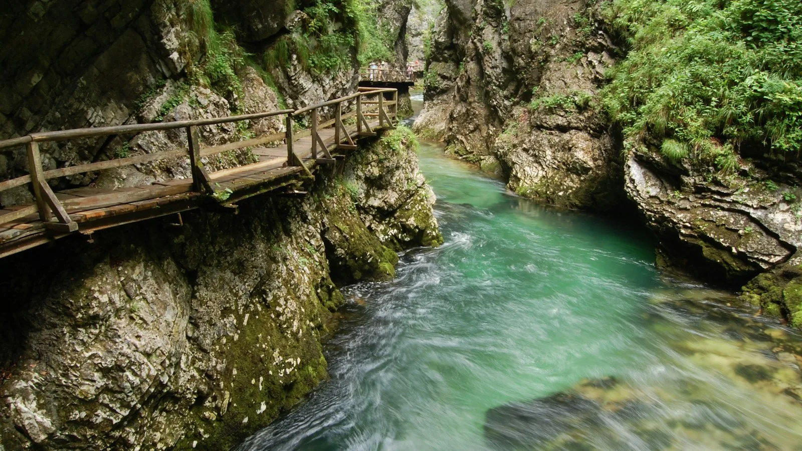 Passerelles en bois des gorges de Vintgar au-dessus de la rivière Radovna turquoise près de Bled